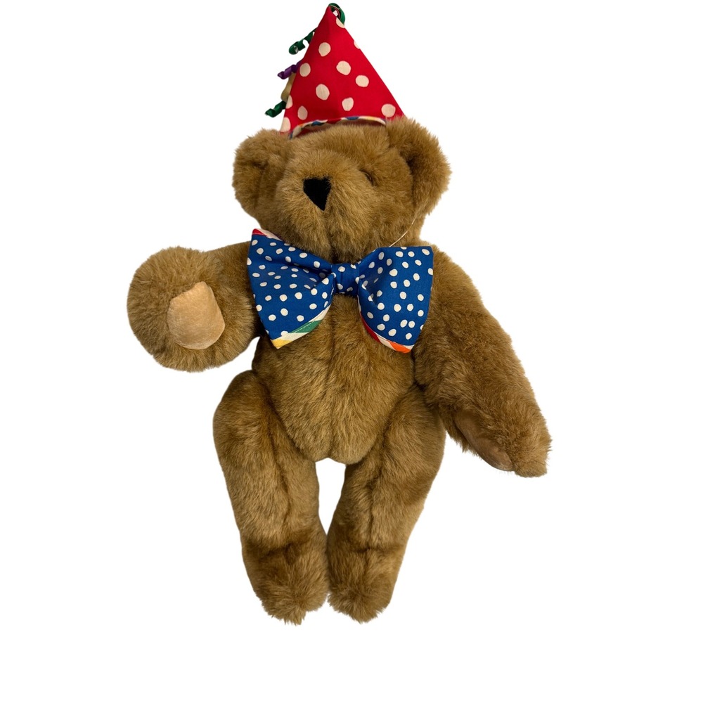 Vermont Teddy Bear Birthday Party Brown Plush Polka Dot Hat Bow‎ Tie 15 inch